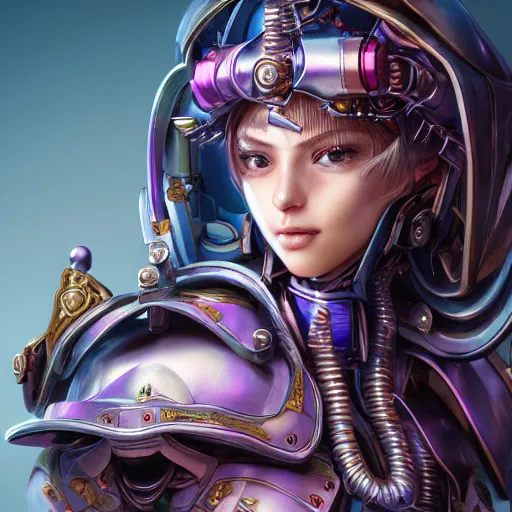 Image similar to studio portrait of lawful good colorful female holy mecha paladin absurdly beautiful, elegant, young sensual graceful woman, ultrafine hyperrealistic detailed face illustration by kim jung gi, irakli nadar, intricate linework, sharp focus, bright colors, matte, octopath traveler, final fantasy, unreal engine highly rendered, global illumination, radiant light, intricate environment