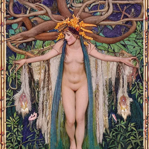 Prompt: queen of the forest wearing an antler crown, by Annie Swynnerton and Nicholas Roerich and (((Tino Rodriguez))), embroidered robes, floral tattoos, bioluminescent skin!, elaborate costume, geometric ornament, symbolist, soft colors, dramatic lighting, smooth, sharp focus, extremely detailed