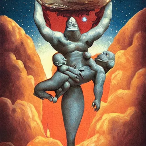 Image similar to mort carvello illustration of millions of mars needs moms hoisting their infants toward the moloch statue moloch burns with the fire of one thousand babies