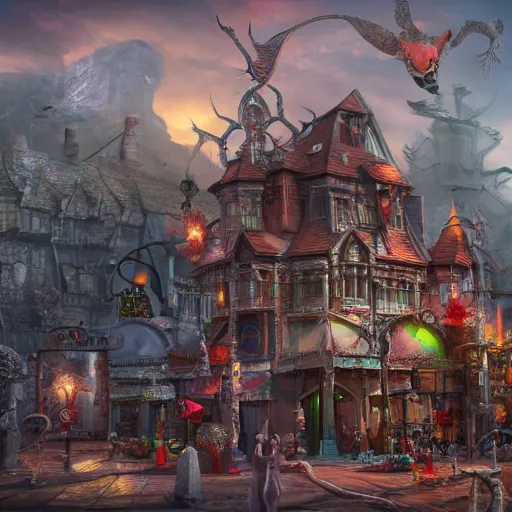 Image similar to Fantasy Toy Store Horror, Fantasy Hyper detailed digital matte painting, concept art, hyperrealism, Cinema 4D, 8k resolution, 64 megapixels, coherent, bokeh, CGSociety, ZBrush Central, behance HD, hypermaximalist, a masterpiece, 4K