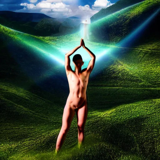 Prompt: human form showing visible refraction against a lush landscape high definition photography