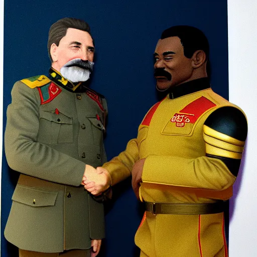 Image similar to a hyper realistic ultra realistic photograph of stalin shaking hands with Geordi La Forge, highly detailed, 8k photograph