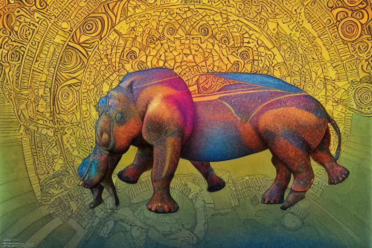 Image similar to beautiful mechanical hippopotamus by maxfield parrish, mandala, coherent design, symmetrical, vivid colors, digital watercolor ink illustration painting, complementary color, golden ratio, detailed, sharp lines, sharp focus, intricate, rainbowshift, artgerm, gustave dore, alphonse mucha, octane render