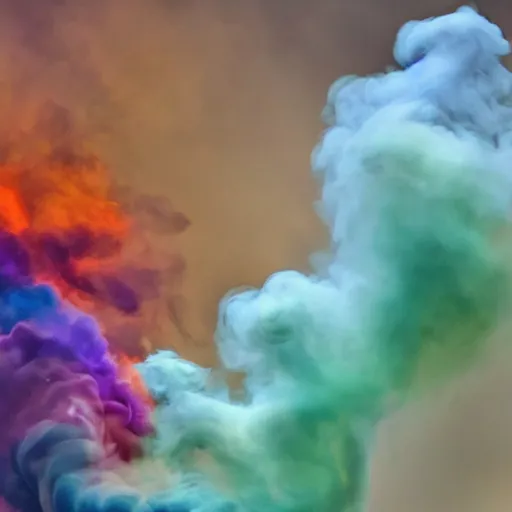 Image similar to multi color smoke, smoke has a small ( outstretched ribbed wings and head of an ancient dragon ), billowy, hdr, 8 k, 4 k