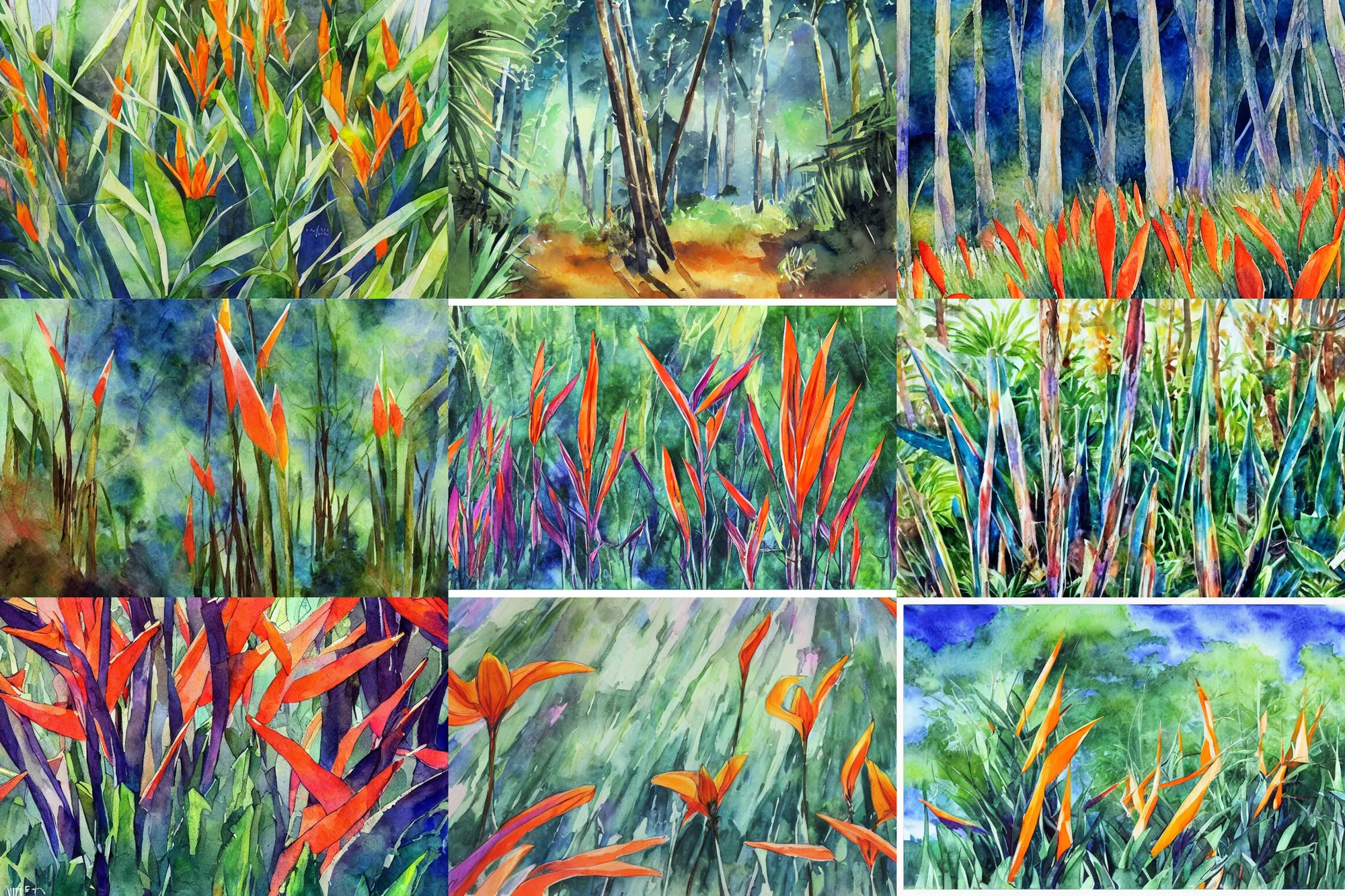 Prompt: strelitzia forest, high quality watercolors, award winning, trending on artstation