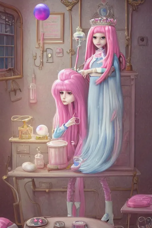 Image similar to highly detailed, natural light portrait of a young adult princess bubblegum from adventure time, experimenting in her castle lab, wearing lab coat & saftey goggles, long bubblegum hair with long straight bangs, beautiful, extremely cute, adorable, illustration concept art by nicoletta ceccoli, mark ryden, lostfish, detailed and intricate environment, 8 k resolution, hyperrealistic, octane render