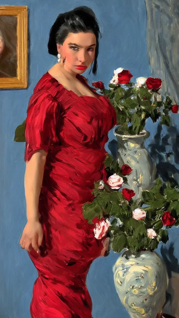 Image similar to portrait of rebekah delrio in lynch pattern dress beside of a big persian detailed pot of red roses, cinematic, artstation, blue and red lights painted by john singer sargent