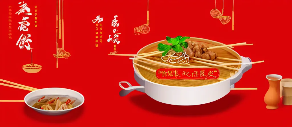 Image similar to a beautiful simple 4 k hd red wall paper illustration of roasted string hotpot, red wallpaper design, simple style, gourmet style, commercial kebab hotpot wallpaper display, wall painting, from china, with merchant logo, simple structure, surrealistic, chinese style, victo ngai, james jean, denoise, deblurring