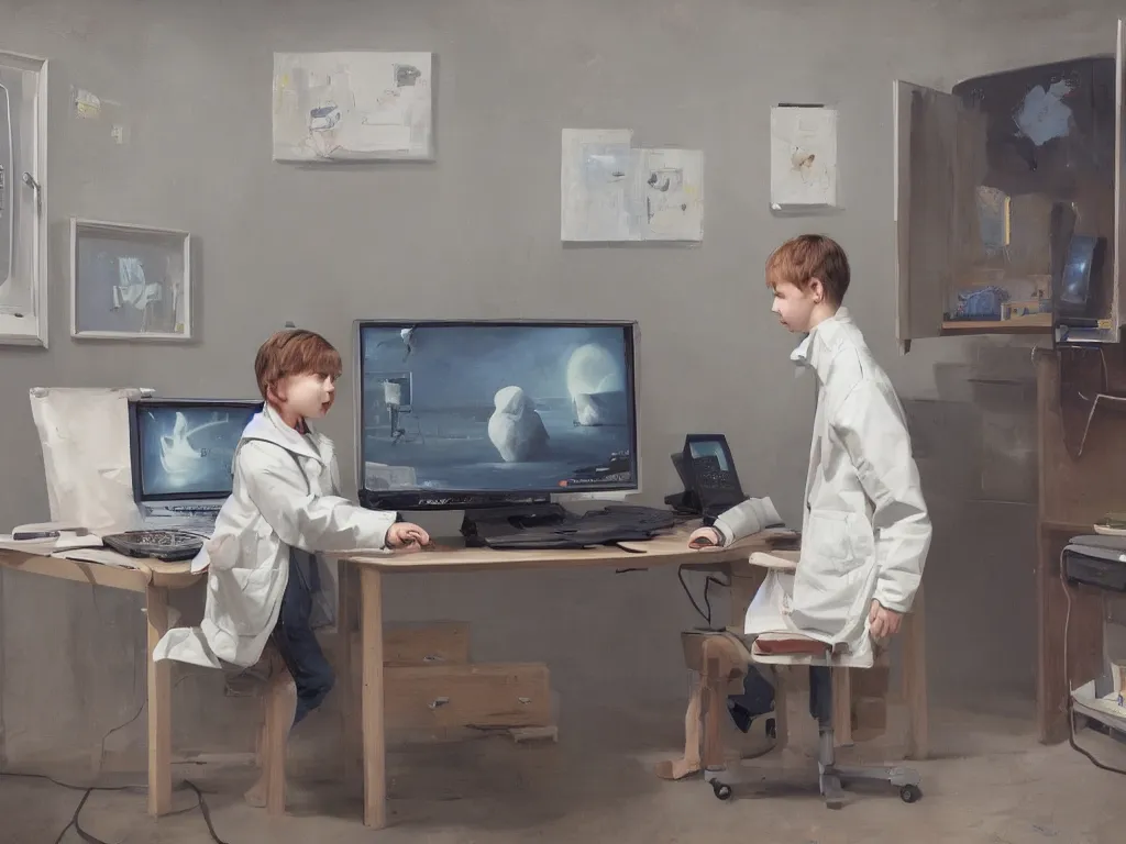 Prompt: a portrait of single smart child in a white coat in front of a computer and screens in a painting from stalenhag, 4 k, 8 k, hdr, artstation