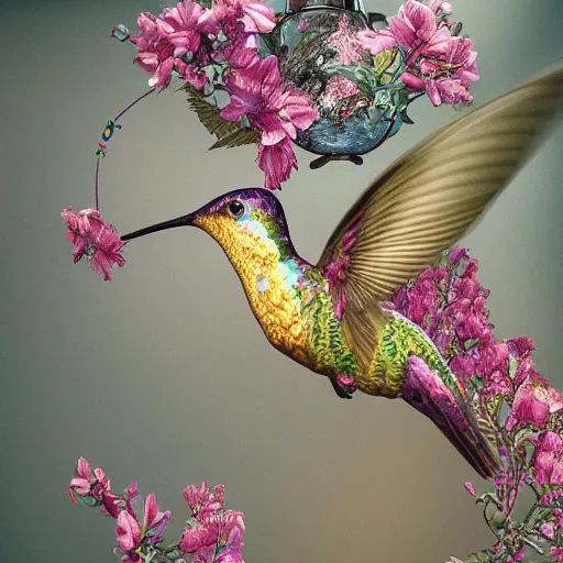 Prompt: hummingbird, body and wings covered with fine floral ornaments, eye - level medium angle shot, intricate, floral background, by esao andrews, by m. w. kaluta, by yoshita amano, natural lighting, smooth, 3 d octane render, depth perception, 4 k,, artstation