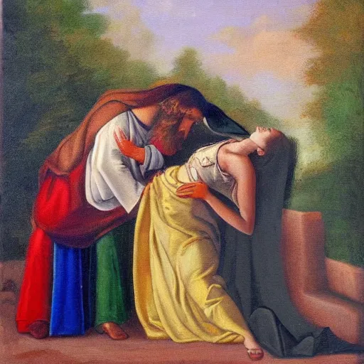 Image similar to 1 8 th oil panting of a jesus kissing a woman