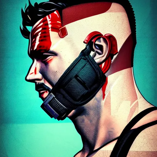 Prompt: a portrait of a man :: side profile blood :: background sea :: intricate details :: oxygen mask :: 3d render :: MARVEL comics and Sandra Chevrier