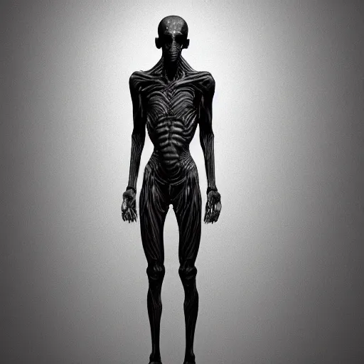 Prompt: photorealistic detailed tall skinny humanoid creature, extremly detailed, black and white, 8 k, realistic, sharp focus, cosmic horror creature, cosmic horror