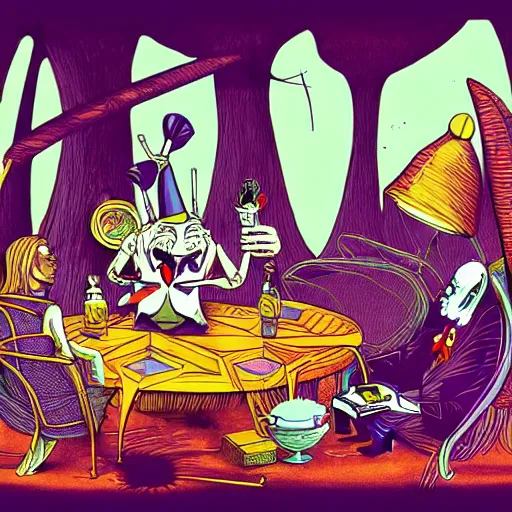 Image similar to graphic illustration, creative design, alice in wonderland with willy wonka, biopunk, francis bacon, highly detailed, hunter s thompson, concept art