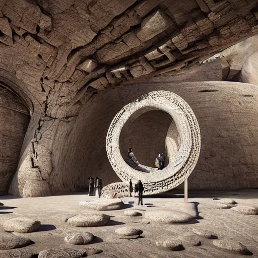 Image similar to a gigantic paleolothic torus made of stone with highly detailed carvings of intricate shamanic robotic electronics and circuitry, in a mediterranean lanscape, inside a valley overlooking the sea, in the style of michal karcz, mediterranean island scenery, mediterranean vista