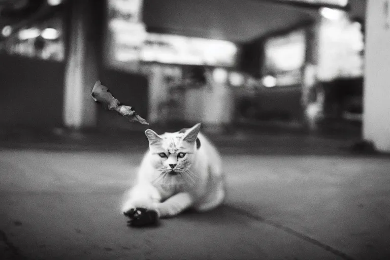 Image similar to cat smoking a cigarette in 7 - eleven wide angle lens