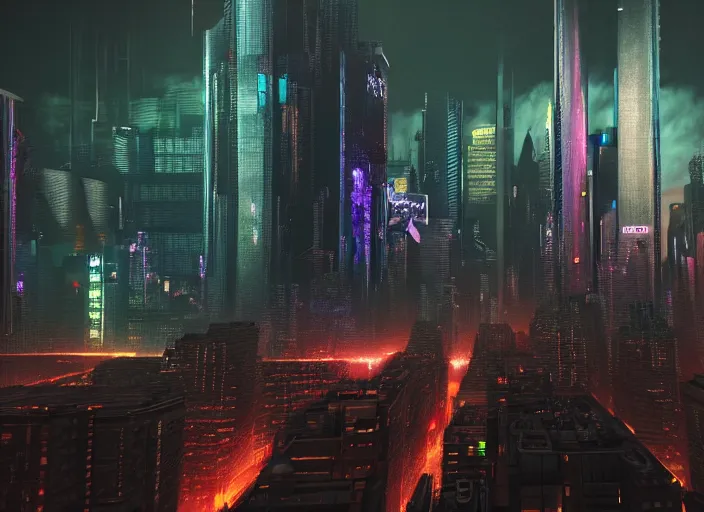 Image similar to cyberpunk scifi scene of new york skyline at night, artstation, matt painting, very detailed, maximalism, ambient occlusion, volumetric light, atmospheric haze, unreal engine, hyper realism, realistic shading, cinematic composition, realistic render, octane render, detailed textures, photorealistic, wide shot