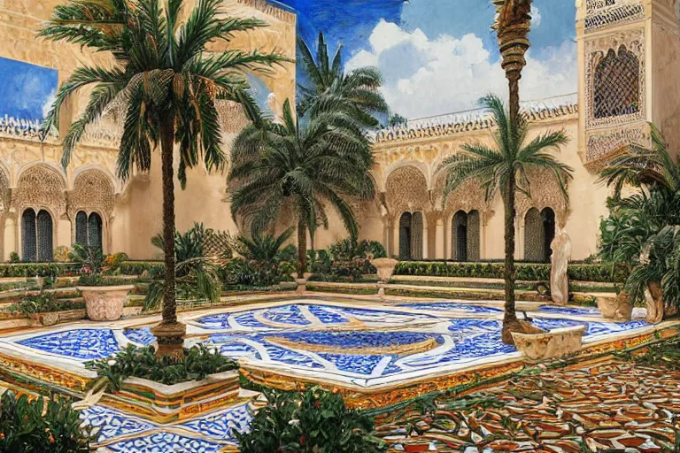 Image similar to painting of a beautiful moorish palace courtyard garden, by ludwig deutsch and donato giancola, patterned tilework, palm trees, tiled fountains, extremely detailed, cinematic lighting, smooth sharp focus