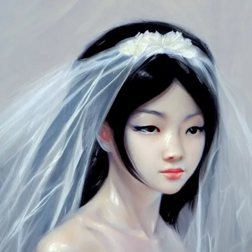 Prompt: Asian girl, watery black eyes, long wavy black hair, white veil, front closeup, highly detailed, centered, oil painting, artstation, concept art by Wrightson Bernie
