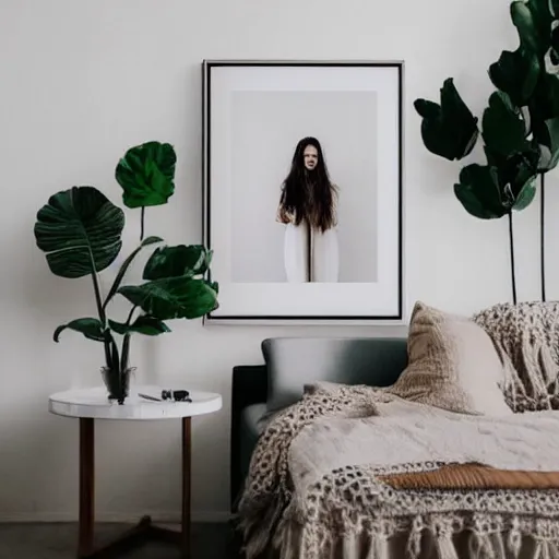 Prompt: a minimalist mockup photo with one large frame, in a white clear boho style studio, white and beige predominant colors, trending on pinterest