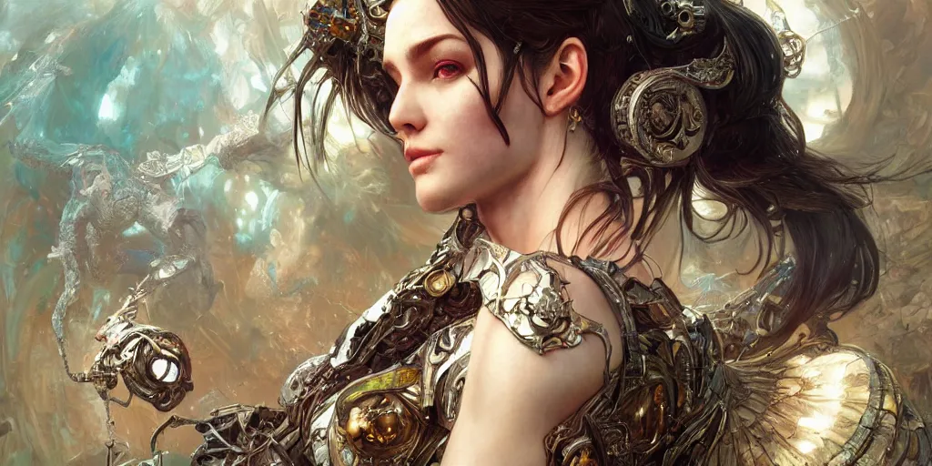 Image similar to HDR portrait photography of The Benevolent Cyborg Queen, fantasy, intricate, elegant, highly detailed, digital painting, artstation, HDR photo, smooth, sharp focus, illustration, art by artgerm and greg rutkowski and alphonse mucha