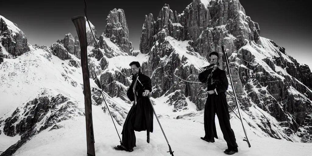 Image similar to alpine alphorn, dolomites in background, dark, eerie, despair, portrait photography, artstation, adward winning, artstation, highly detailed, sharp focus, by caravaggio