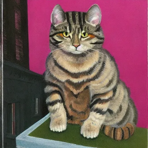 Image similar to absolutely yoked shredded physique fuzzy furry ears Portrait of Lou Ferrigno camouflaged as Tabby Cat whilst wearing a pink tuxedo Standing atop a Garbage Truck Eric Ravilious Edward Hopper Newell Convers Wyeth Andrew Wyeth Jamie Wyeth