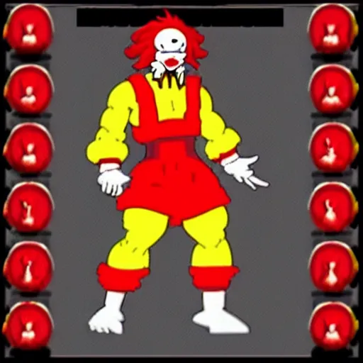 Image similar to image of ronald mcdonald, white face, red afro, red nose and yellow outfit as an enemy in 9 0's mortal kombat 3 sega genesis video game, upscaled to high resolution