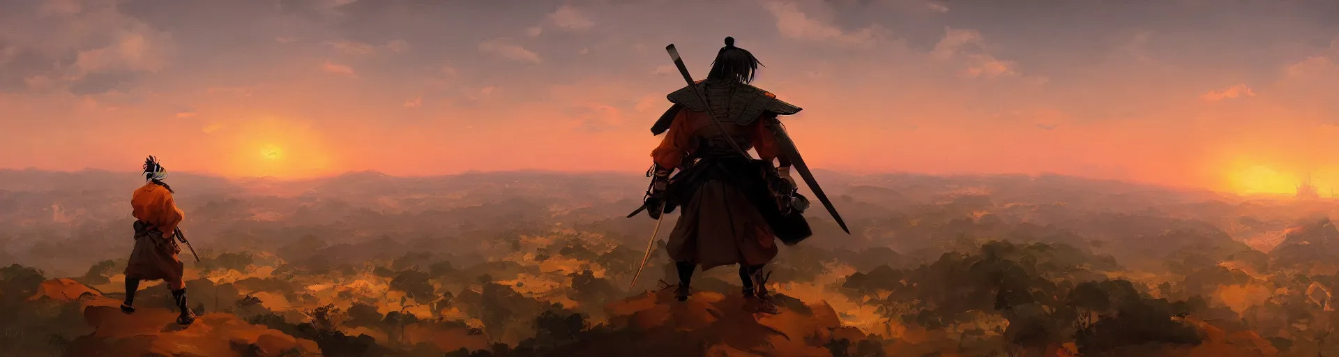 Image similar to A samurai overlooking a village from a cliff, sunset, orange sky, moody, oil on canvas by Frank Frazetta, digital art, artstation, WLOP, CGSociety, Mandy Jurgens