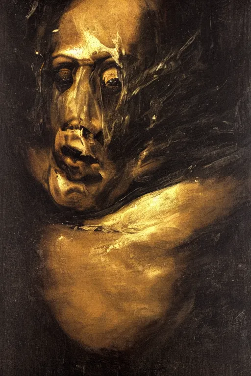 Image similar to mysterious portrait of medici emerging from the dark void, face partially melting like glitching out LSD effect, figure in the darkness of renaissance, Francisco Goya, painted by John Singer Sargant, Adrian Ghenie, style of Francis Bacon, highly detailed, 8k, trending on artstation