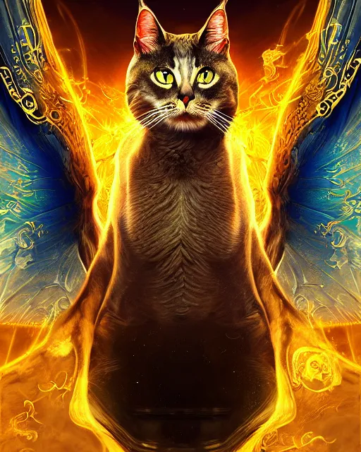 Image similar to amazing poster of detailed portrait digital rococo painting of a beautiful serious cat wearing fantasy clothing. the cat has black angel wings, evil mood, hellish battlefield in the background, unreal engine, embers flying, hyper realism, realistic shading, cinematic composition, blender render, octane render, ultrawide shot