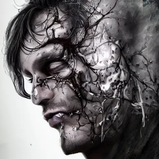 Prompt: young man with glass pieces coming out of his body, majestic, organic, dark fantasy, rotten, sinister, macabre, crazy detailed and complex, super detailed, 8K, 4k,
