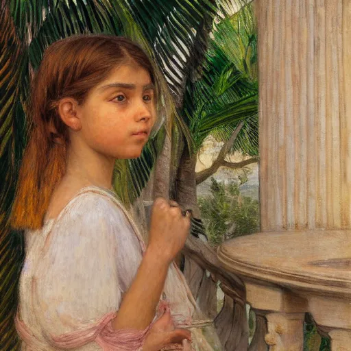 Image similar to a ultradetailed beautiful painting of a girl in the amazonas palace balustrade designed by jules bastien - lepage, tarsila do amaral, frank weston and gustave baumann, beach, trending on artstation, mediterranean, palm trees, hyper detailed face, sharp focus, soft light, 8 k 4 k