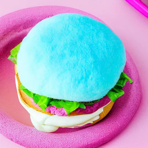 Prompt: a cotton candy burger. cyan and pink.