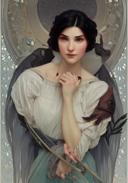 Image similar to snow white, intricate, elegant, highly detailed, digital painting, artstation, concept art, smooth, sharp focus, illustration, art by artgerm and greg rutkowski and alphonse mucha and william - adolphe bouguereau