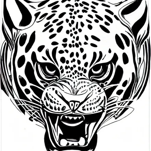 Image similar to jaguar head tattoodesign, frontview, black and white, white background. very detailed ink drawing, fine lineart, extremely detailed