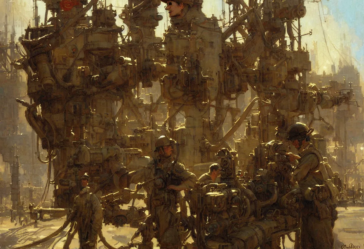 Image similar to us soldier in shipyard dieselpunk painting by gaston bussiere, craig mullins, j. c. leyendecker