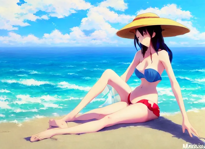Image similar to a cute girl in a bikini and sunhat sitting on a towel on the beach, rocky mountains far in the distance, fluffy clouds on the horizon, by makoto shinkai an krenz cushart