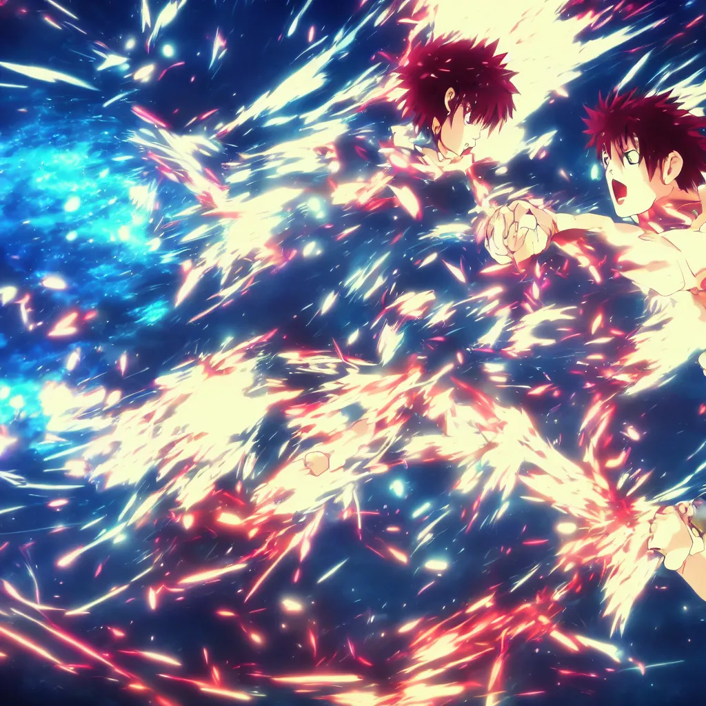 Image similar to a fight of two anime characters punching each other, deep rich colors, surreal, 8 k, award winning, digital art, vray, blur, cinematic, neon, cyberwave, hayao miyazaki, makoto shinkai and ilya kuvahinov