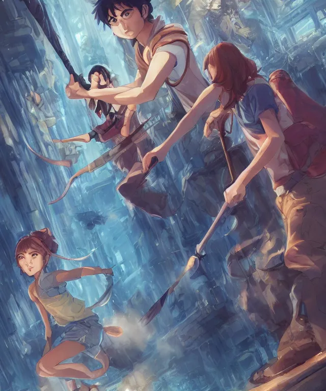 Image similar to percy jackson and annabeth chase, shinkai makoto studio ghibli studio key hideaki anno sakimichan stanley artgerm lau rossdraws james jean marc simonetti elegant highly detailed digital painting artstation pixiv