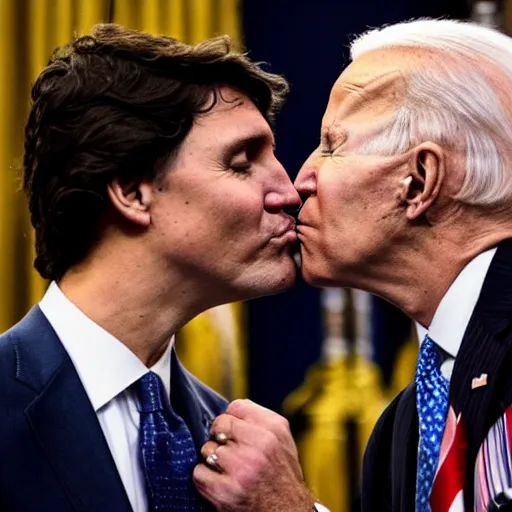 Prompt: justin trudeau kissing joe biden, award winning photograph,