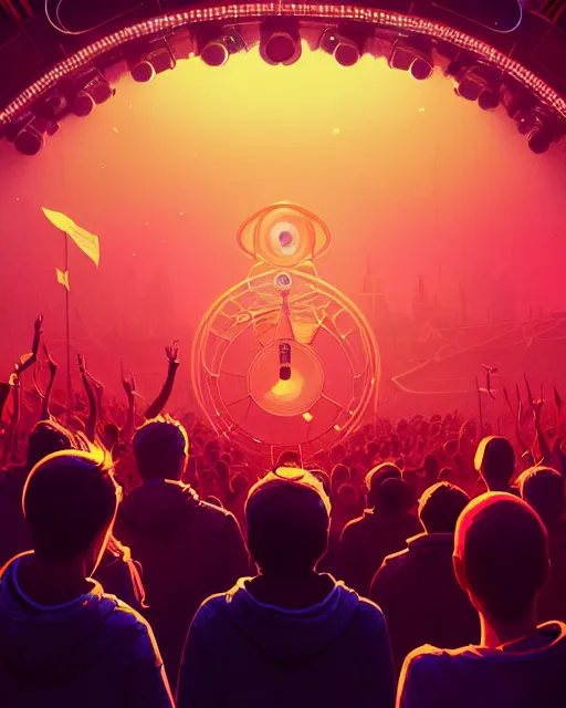 Prompt: tomorrowland, hyper - realistic portrait of a man in a hoodie, on the stage of a music festival, intricate, 4 k, by atey ghailan, by greg rutkowski, by greg tocchini, by james gilleard, by joe fenton, by kaethe butcher, dynamic lighting, lighting color scheme, sharp focus, grunge aesthetic