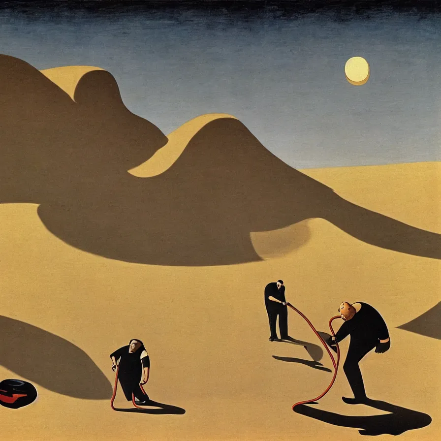 Image similar to a fat man pushing a vacuum cleaner through the desert . It's night time and there is a full moon. In the background we see hills. surrealist painting , Giorgio de Chirico