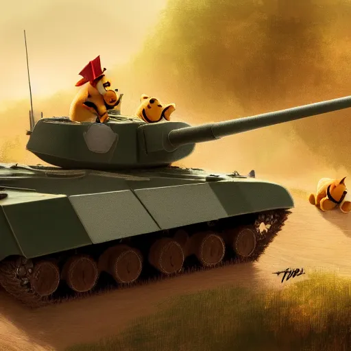 Image similar to winnie the pooh sitting down on road blocking chinese tanks, detailed defiant face, soldiers approaching, award winning photography, extremely detailed, artstation, 8 k, dramatic lighting, incredible art, wlop, artgerm