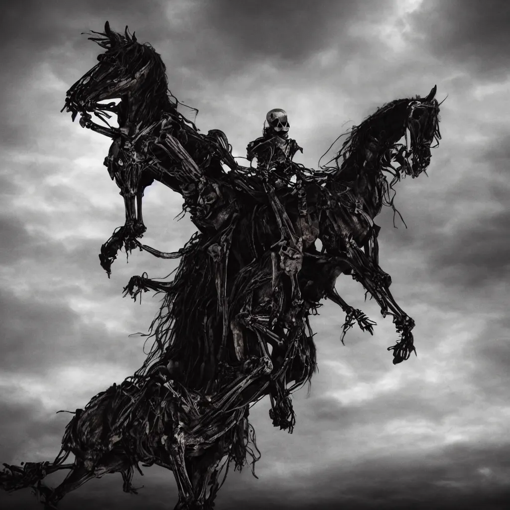 Prompt: a skeleton in a dark veil on a horse, dark and mysterious, stopped in time, atmospheric, ominous, eerie, cinematic, epic, 8 k, 4 k, ultra detail, ultra realistic