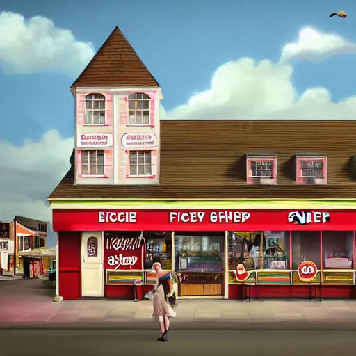 Prompt: digital matte glossy painting nostalgic 1 9 5 0 s ice cream shoppe and village britain, detailed in the style of trevor mitchell