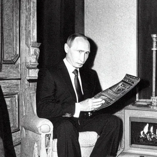 Prompt: vladimir putin in a waistcoat staring at a log fire photograph newspaper award winning