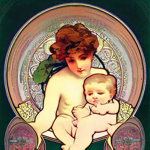 Image similar to cherub with four faces in one, byalphonse mucha