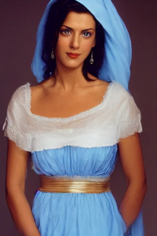 Prompt: young Monica Belluci as an Arab woman, tanned skintone, bright blue eyes, white veil, light blue dress portrait