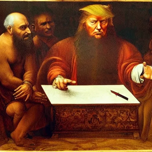 Prompt: a beautiful painting of donald trump being one of the consultants in an indian scam center, by leonardo da vinci, ultra - detailed, 8 k